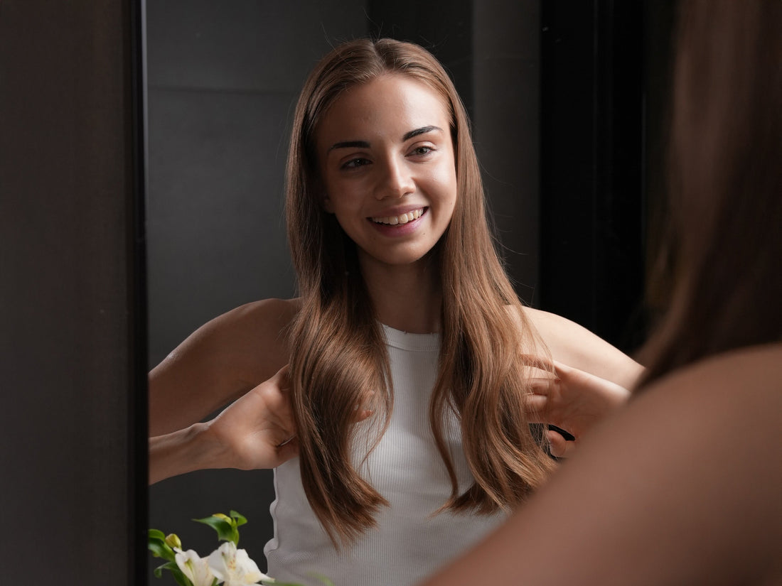 happy women with healthy and shiny hair